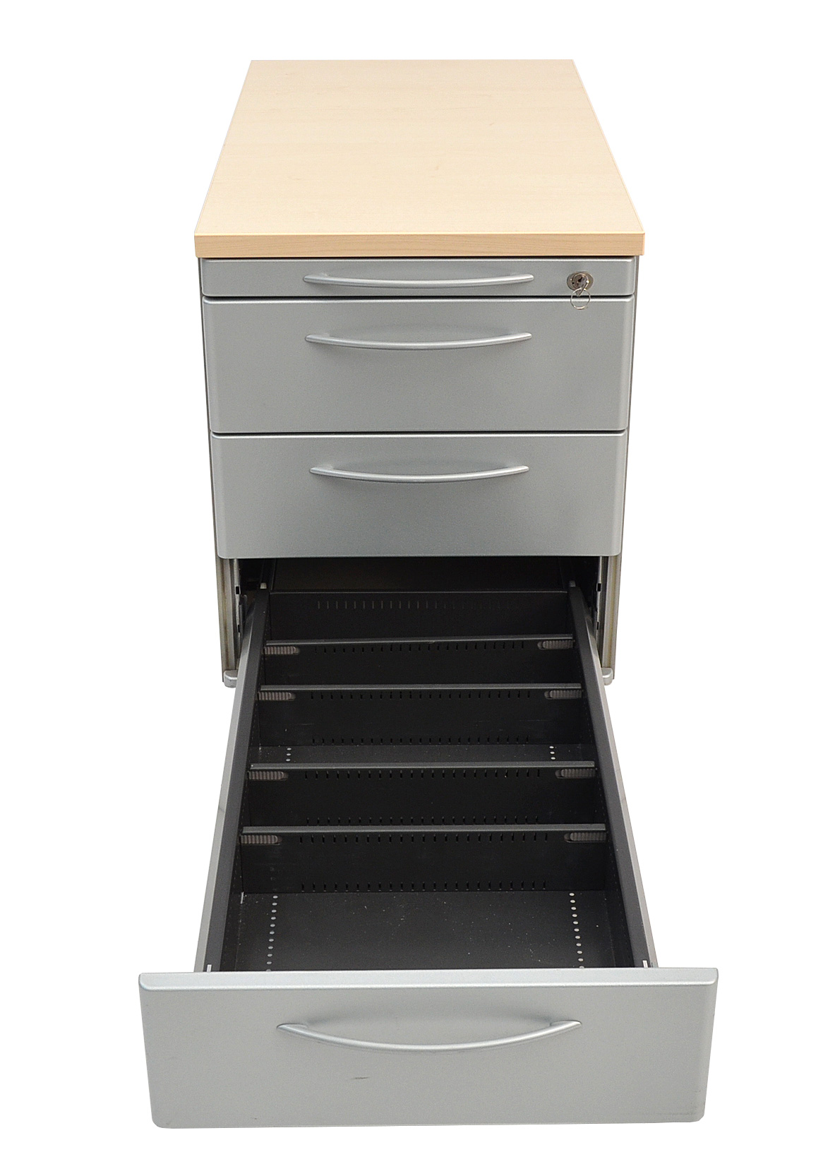 Rollcontainer - 3 Schubladen - 1 Utensilienschublade - Platte Ahorn - Korpus silber