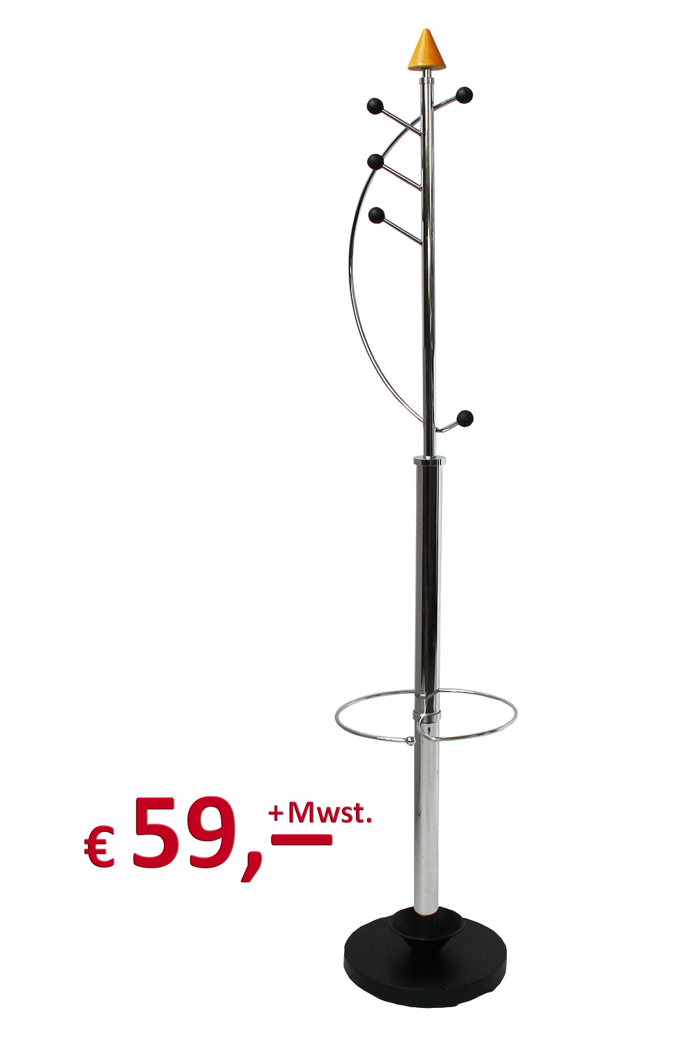 Design-Garderobe mit Schirmständer - Metall: chrom - Standfuß schwarz - Buche massiv