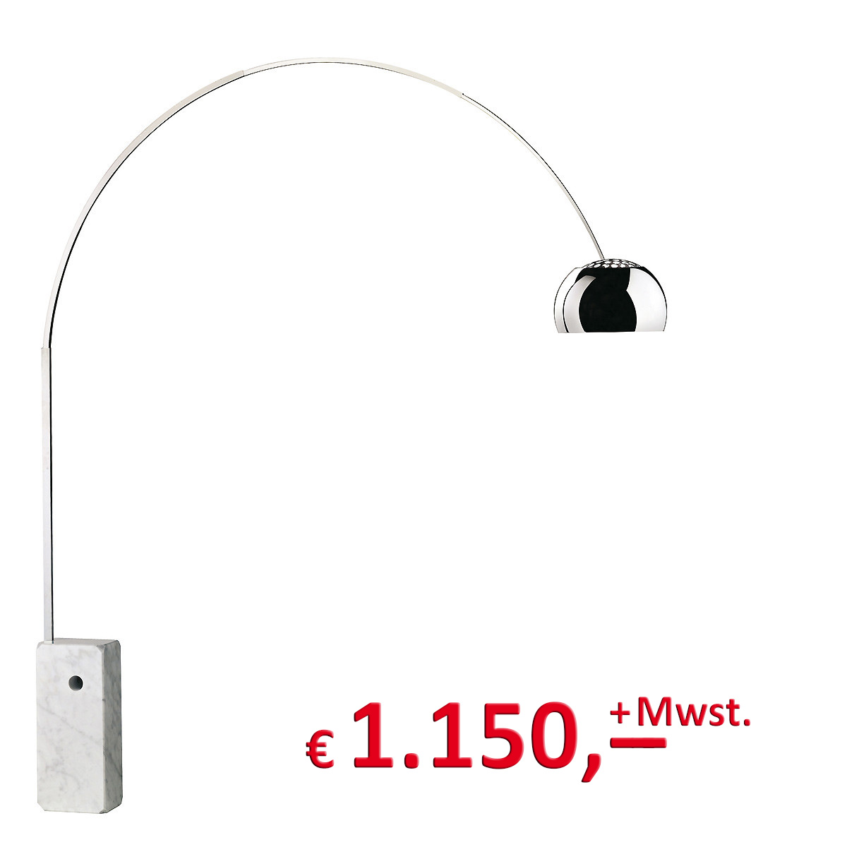 Arco Design Stehleuchte - Carrara Marmor - poliertes Aluminium - satinierter Stahl