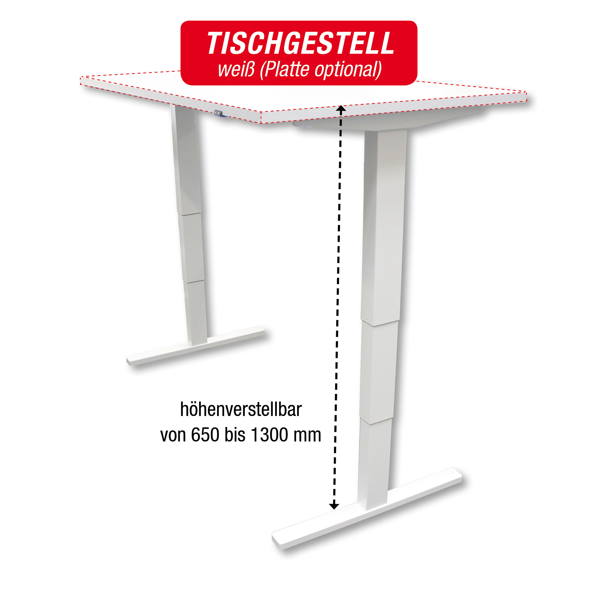 Tischgestell weiß - elektrisch höhenverstellbar - Breite: 140 bis 200 cm - zur Selbstmontage