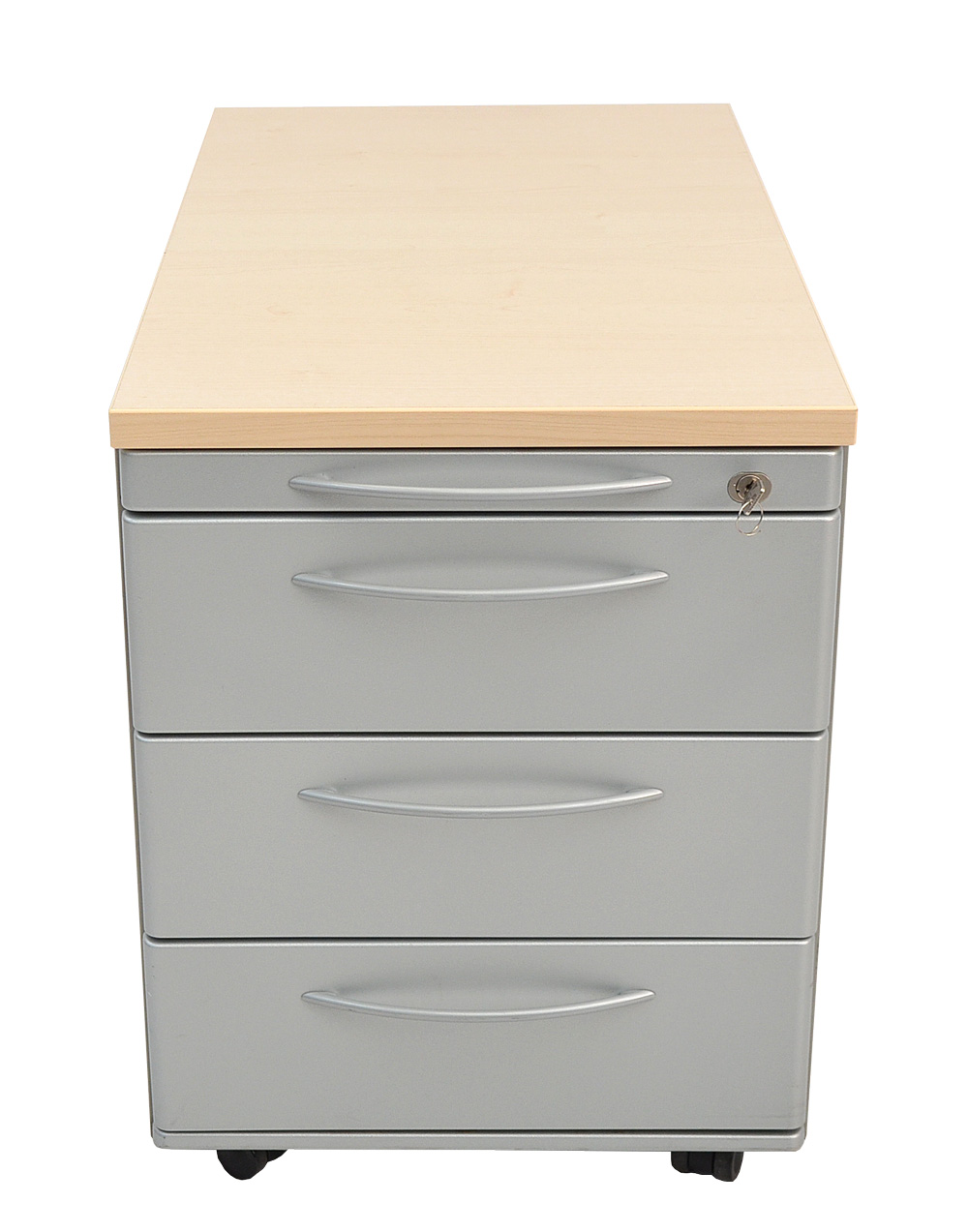 Rollcontainer - 3 Schubladen - 1 Utensilienschublade - Platte Ahorn - Korpus silber