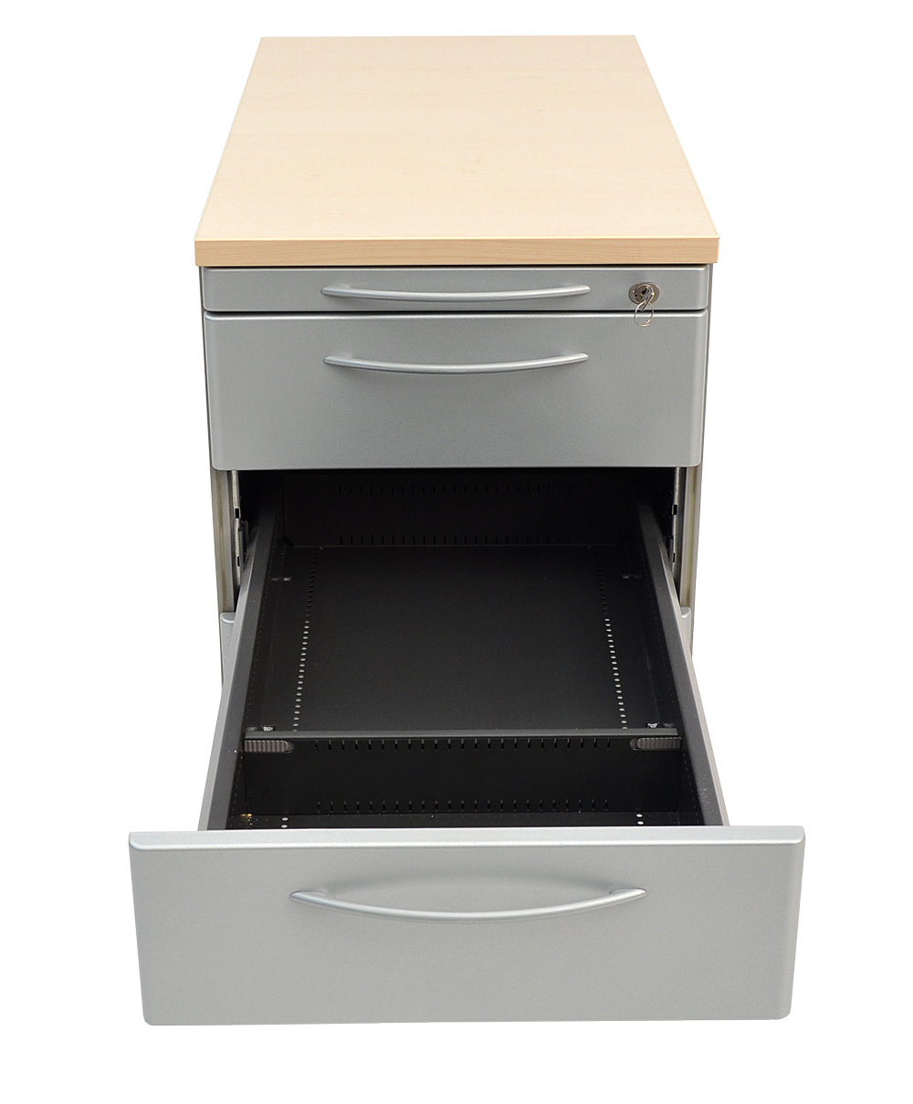 Rollcontainer - 3 Schubladen - 1 Utensilienschublade - Platte Ahorn - Korpus silber