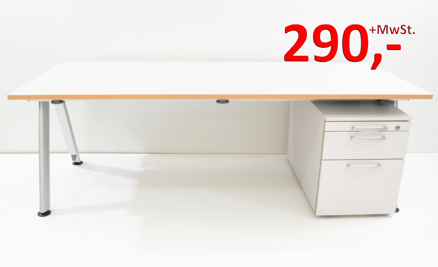Schreibtisch - 200 cm - weißgrau - mit Rollcontainer - Haworth / dyes