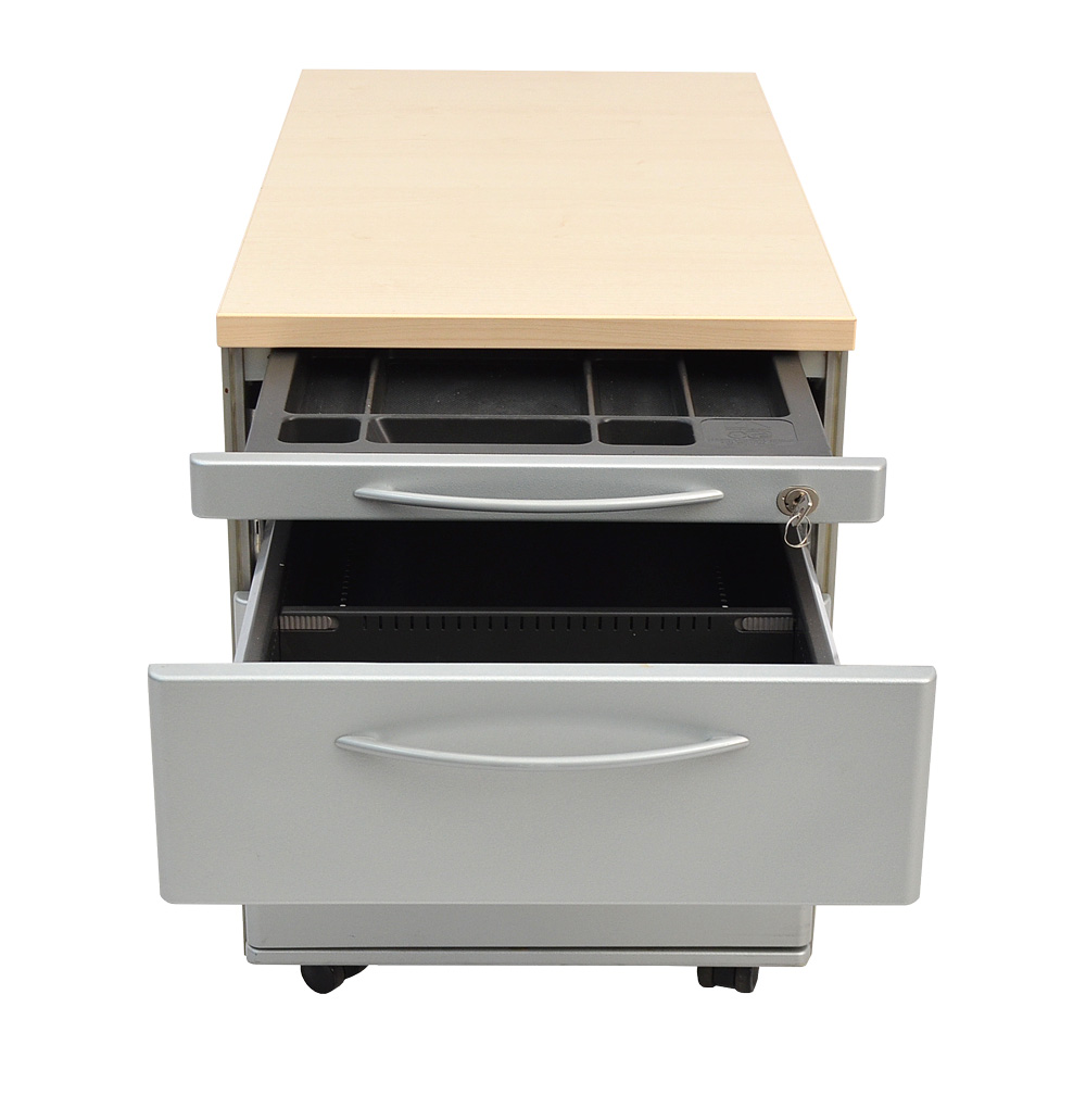 Rollcontainer - 3 Schubladen - 1 Utensilienschublade - Platte Ahorn - Korpus silber